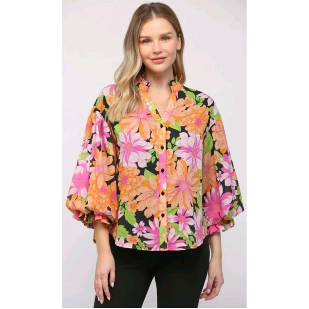 Fate Floral Print Cotton Bubble Sleeve Blouse Size Medium women's 3/4 Sleeve